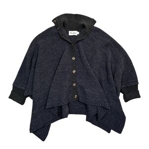 Harley of Scotland Boucle Wool Navy Gray Sleeved Poncho Cardigan Womens OS